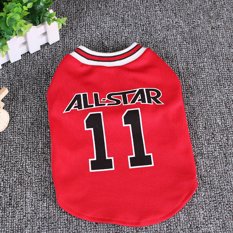 Red pet jersey with 'All-Star 11' text on a gray surface