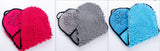 Three microfiber cleaning mitts in pink, gray, and blue with paw prints on a white background.