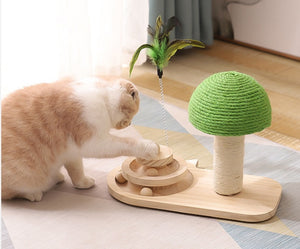 Interactive wooden cat scratching post with sisal balls and ball track