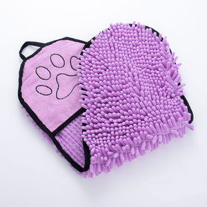 Three microfiber cleaning mitts in pink, gray, and blue with paw prints on a white background.