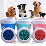 Colorful pet water bottles with paw designs in front of dogs on a white background