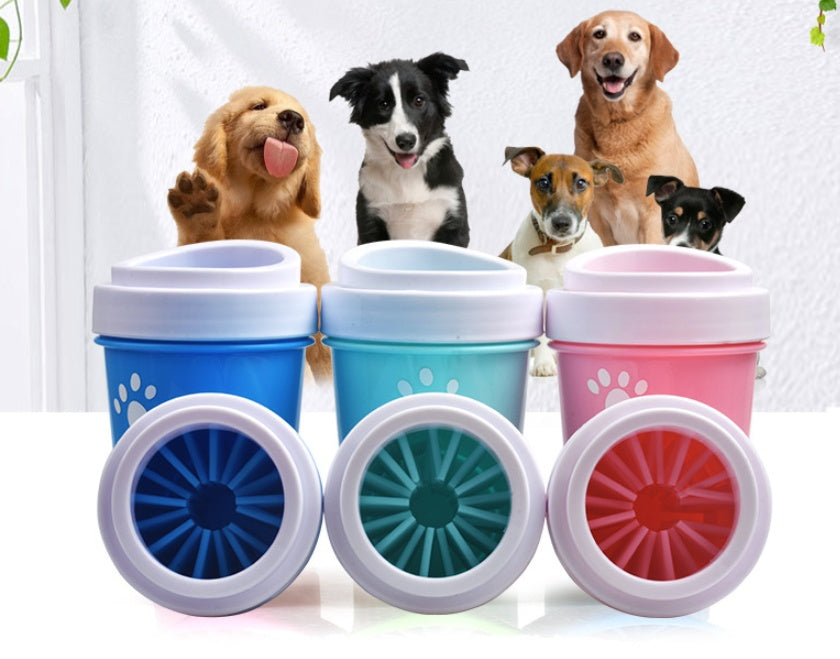 Colorful pet water bottles with paw designs in front of dogs on a white background